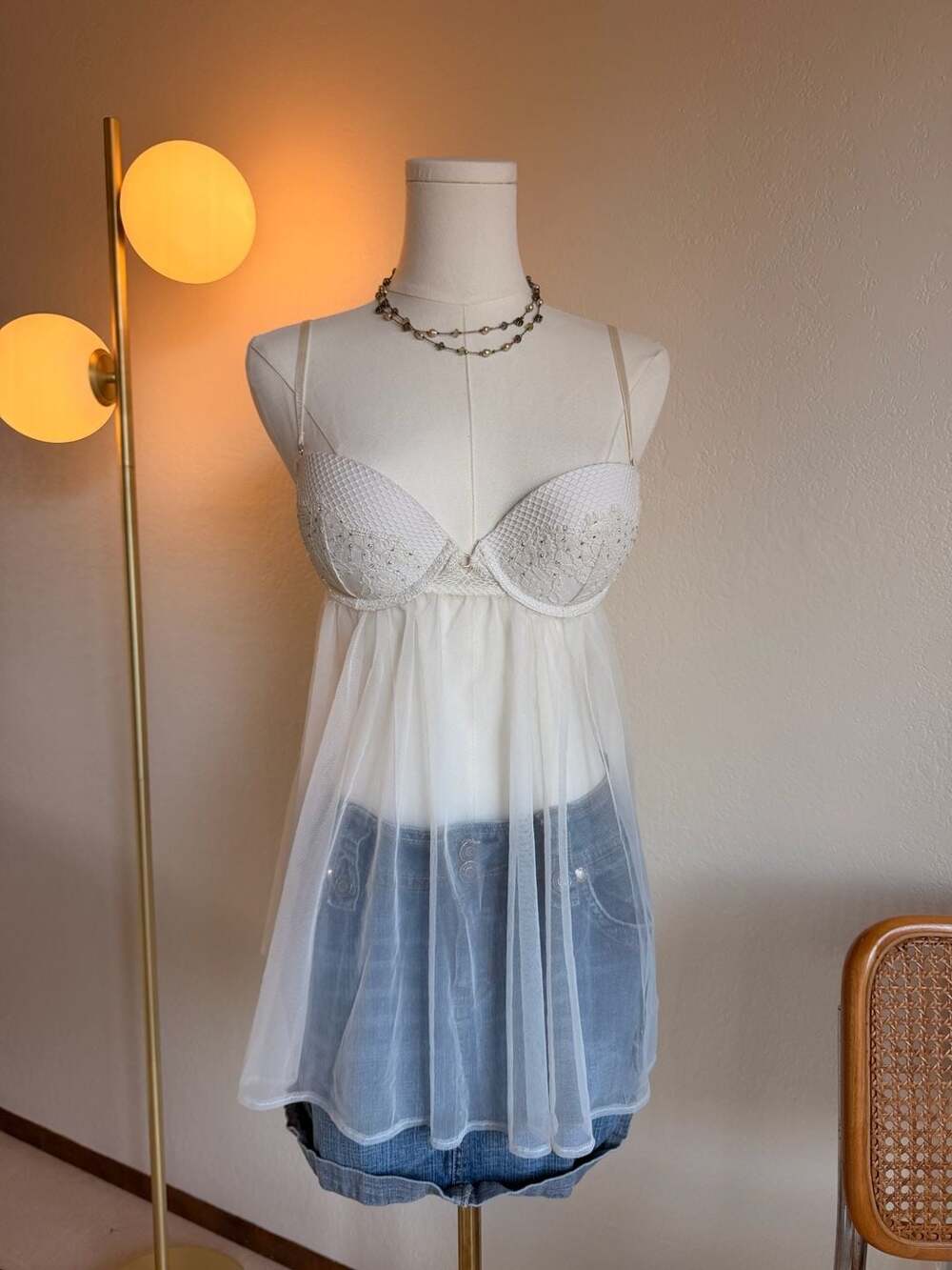 Victoria's Secret White Crystal Embellished Lace Babydoll Chemise
